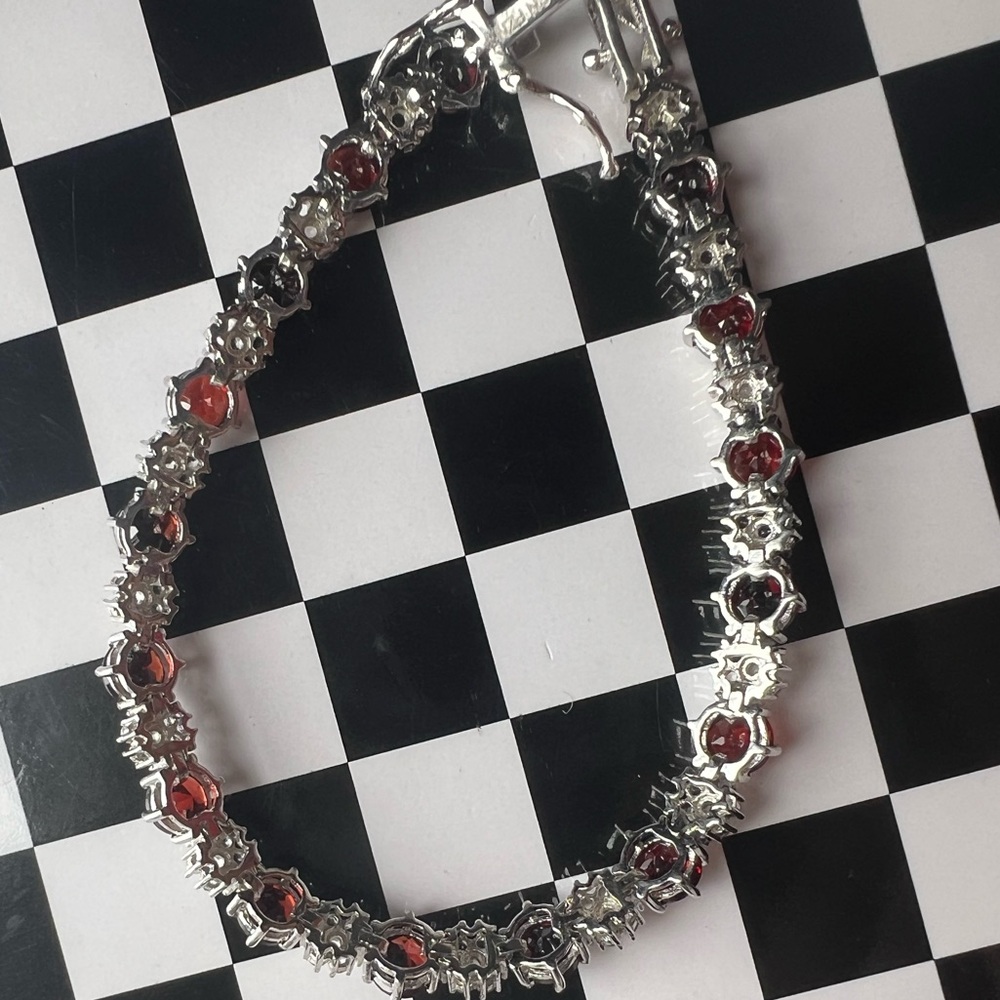 Red Garnet ♥️ Rhodium over Sterling Silver 🩶 Bracelet - Picture 7 of 15